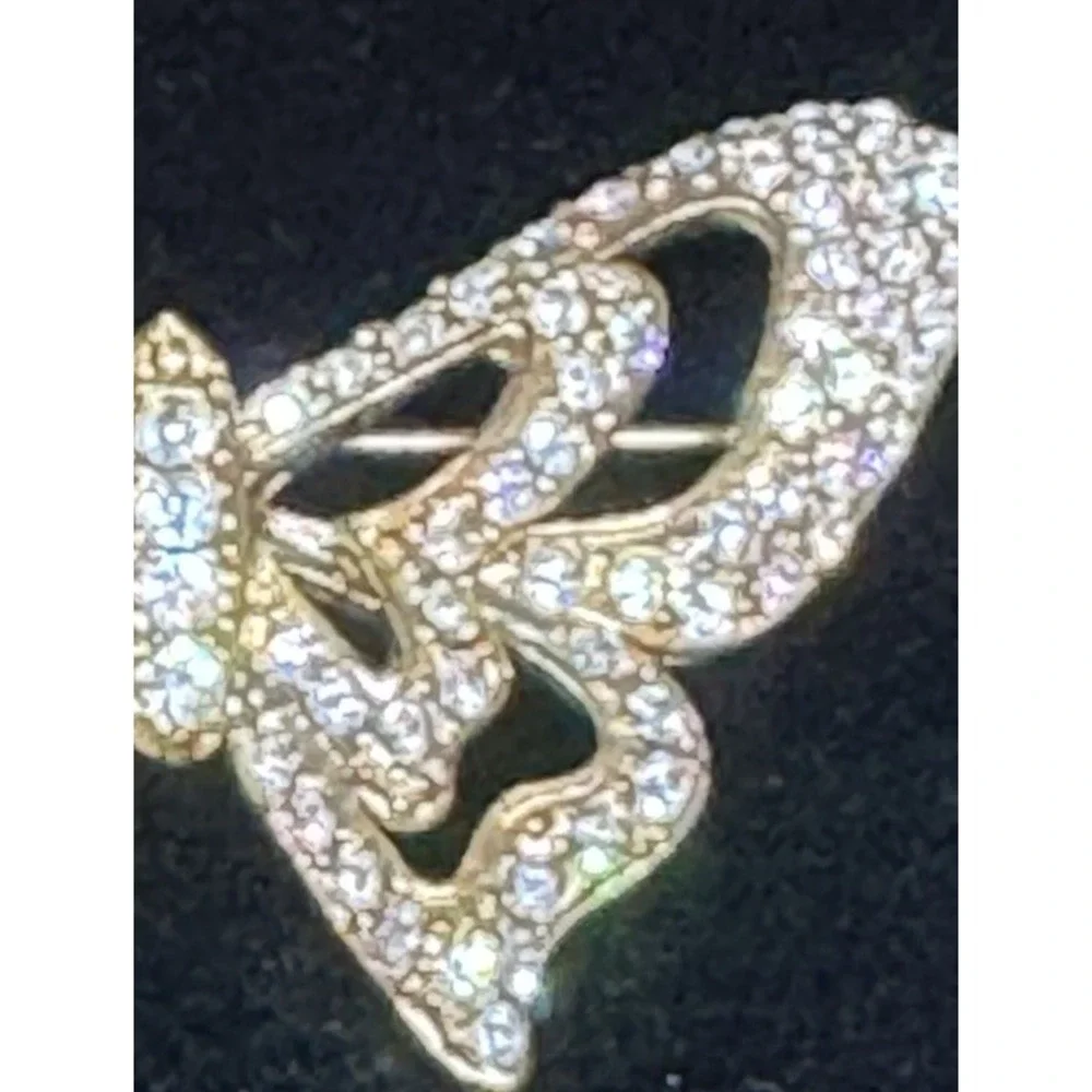 Vintage Rhinestone Butterfly Brooch‎ Gold Tone Openwork Sparkling Pin